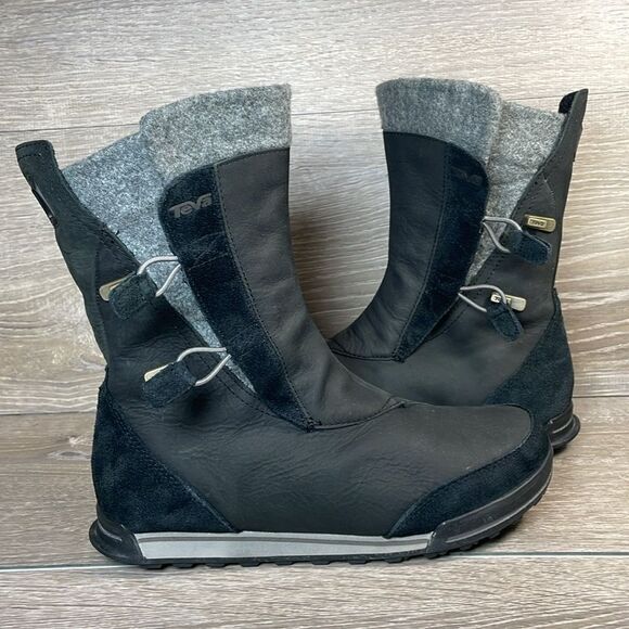 Teva Haley Waterproof Black Leather Gray Warm Women’s Sz 6 Pull On Winter Boots - Picture 13 of 13